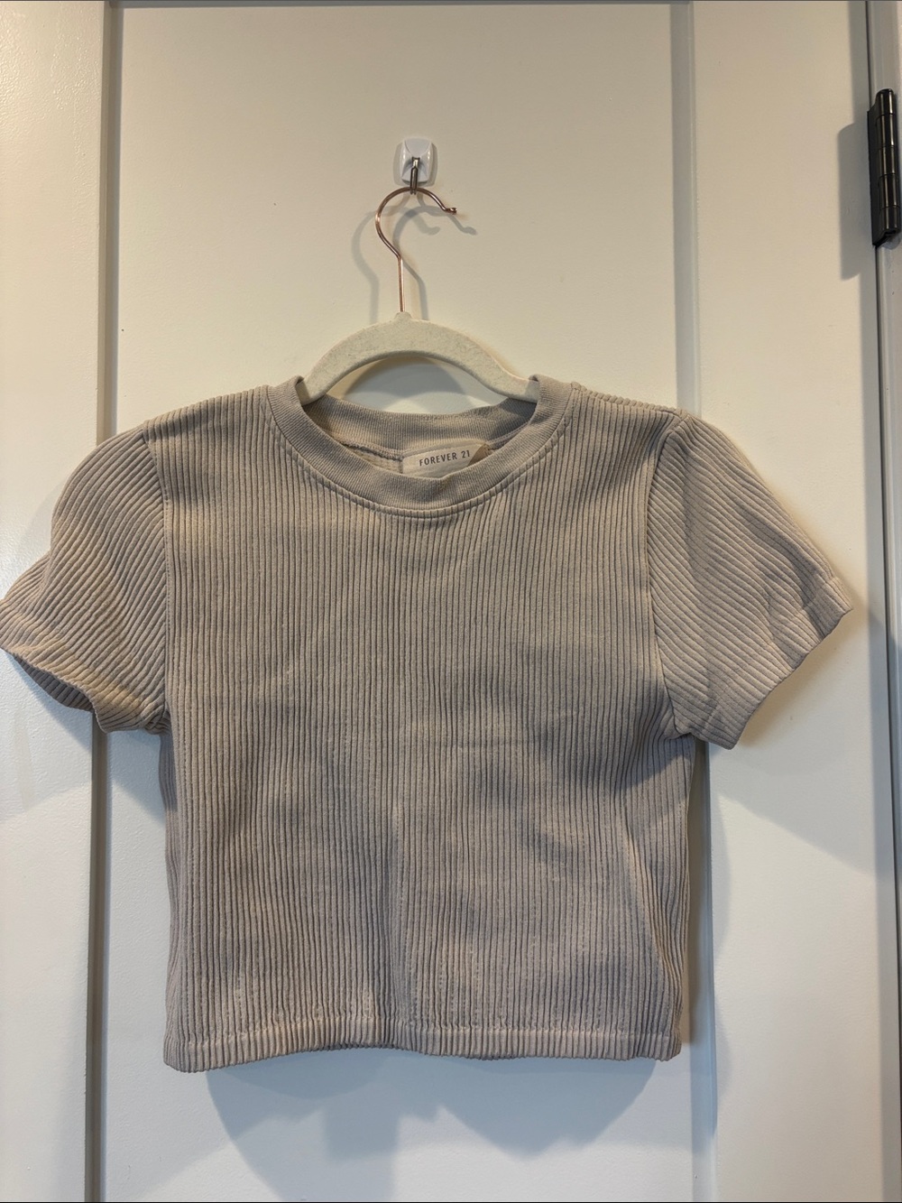 Forever 21 Ribbed Short Sleeve Top in Light Beige